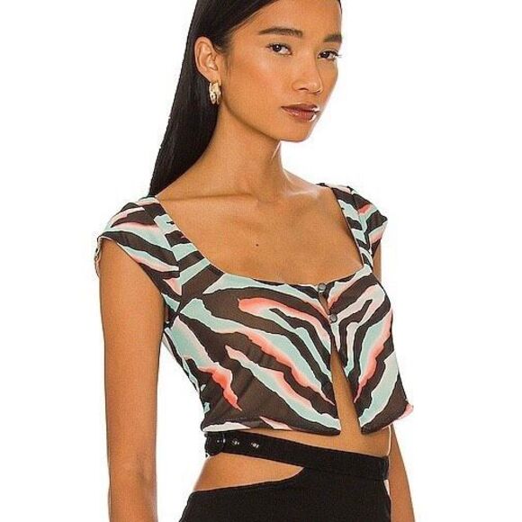 NWT Afrm Nylah Crop Top In Teal Zebra Square Neckline Front Loop Button Clos mes - Picture 2 of 6
